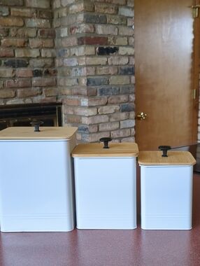 White Black Kitchen Canister Set (3) with Bamboo Lids, NEW